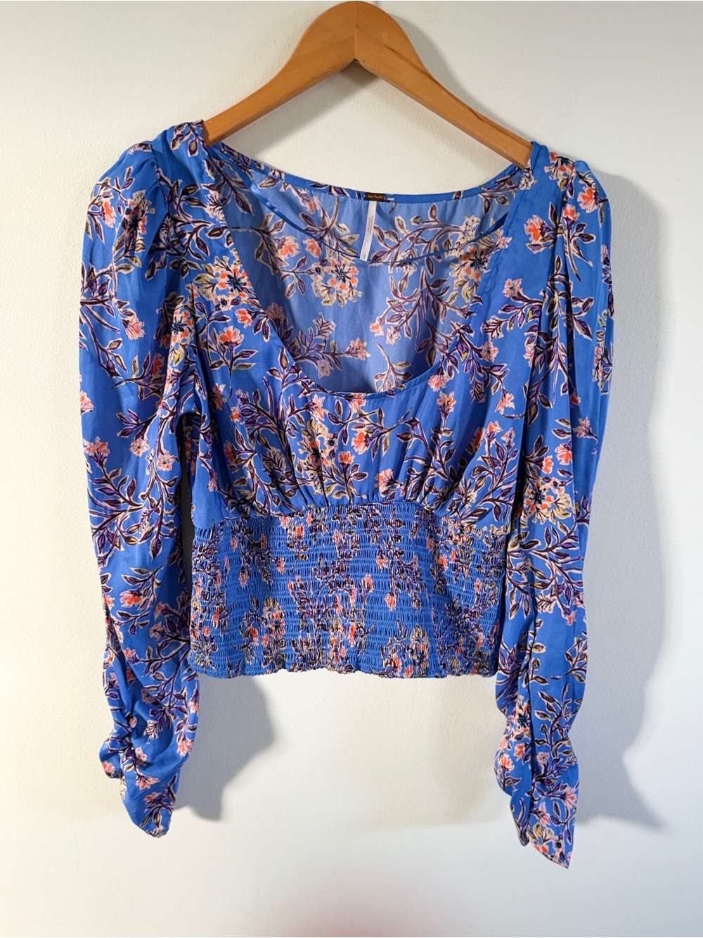 Free People Royal Blue Floral Smocked Waist Blouse Santiago Large
